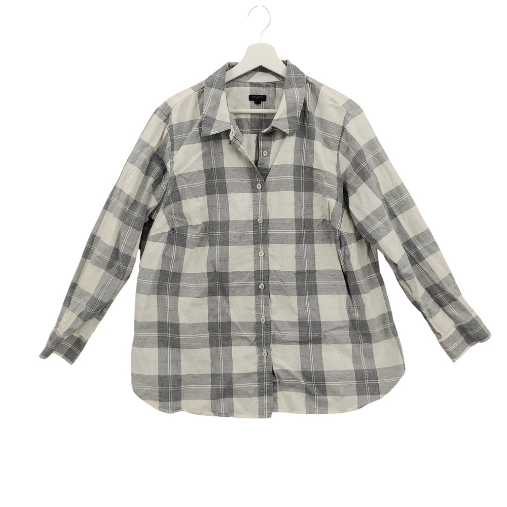 Talbots Women Classic Preppy Plaid Button Down Top Plus 2X Gray White Metallic